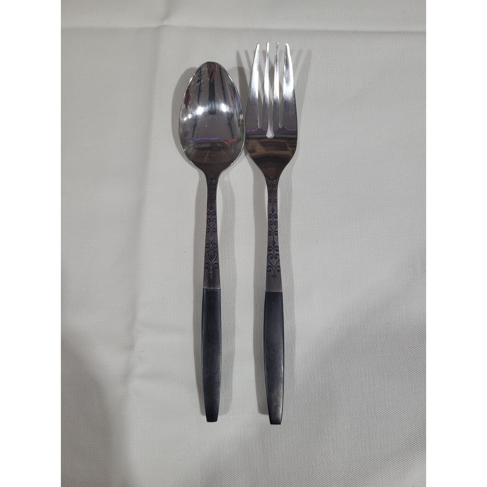 Interpur INR2 Set of 2 Black Handle Spoon & Salad  Fork Stainless Japan Flatware